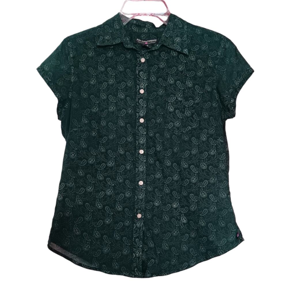 VINTAGE Y2K RALPH LAUREN Polo Jeans Blouse‎ Top LG Worn-in Retro Paisley Green